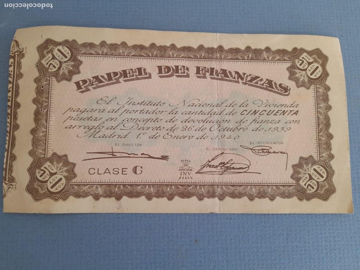 Documentos antiguos: papel de fianzas 50 pts 1940 instituto nacional de viviendas 18x9,5cm aprox