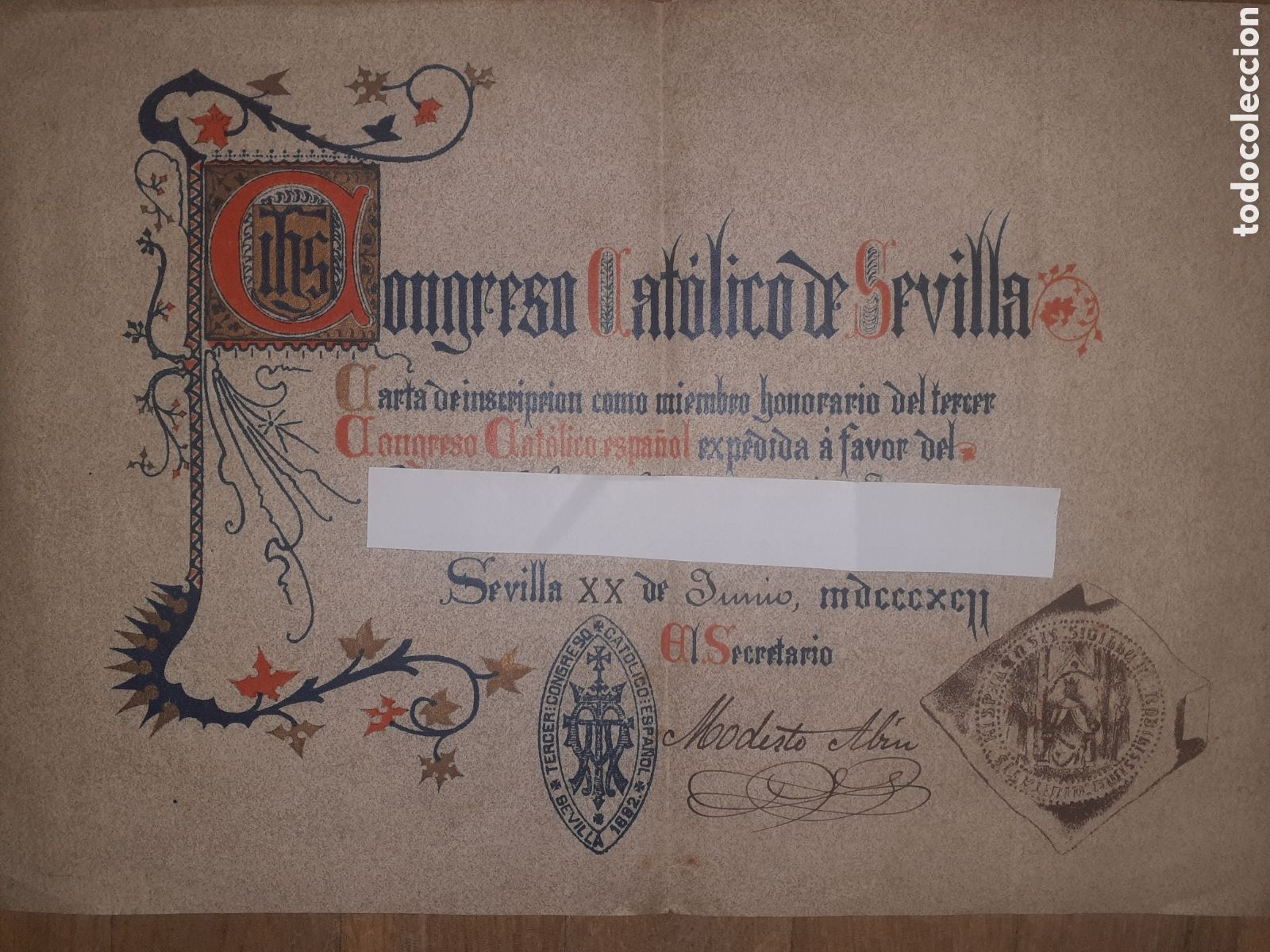 Documentos antiguos: PRECIOSO PERGAMINO ILUMINADO DEL CONGRESO CATOLICO DE SEVILLA. 1892. TAMA&Ntilde;O FOLIO