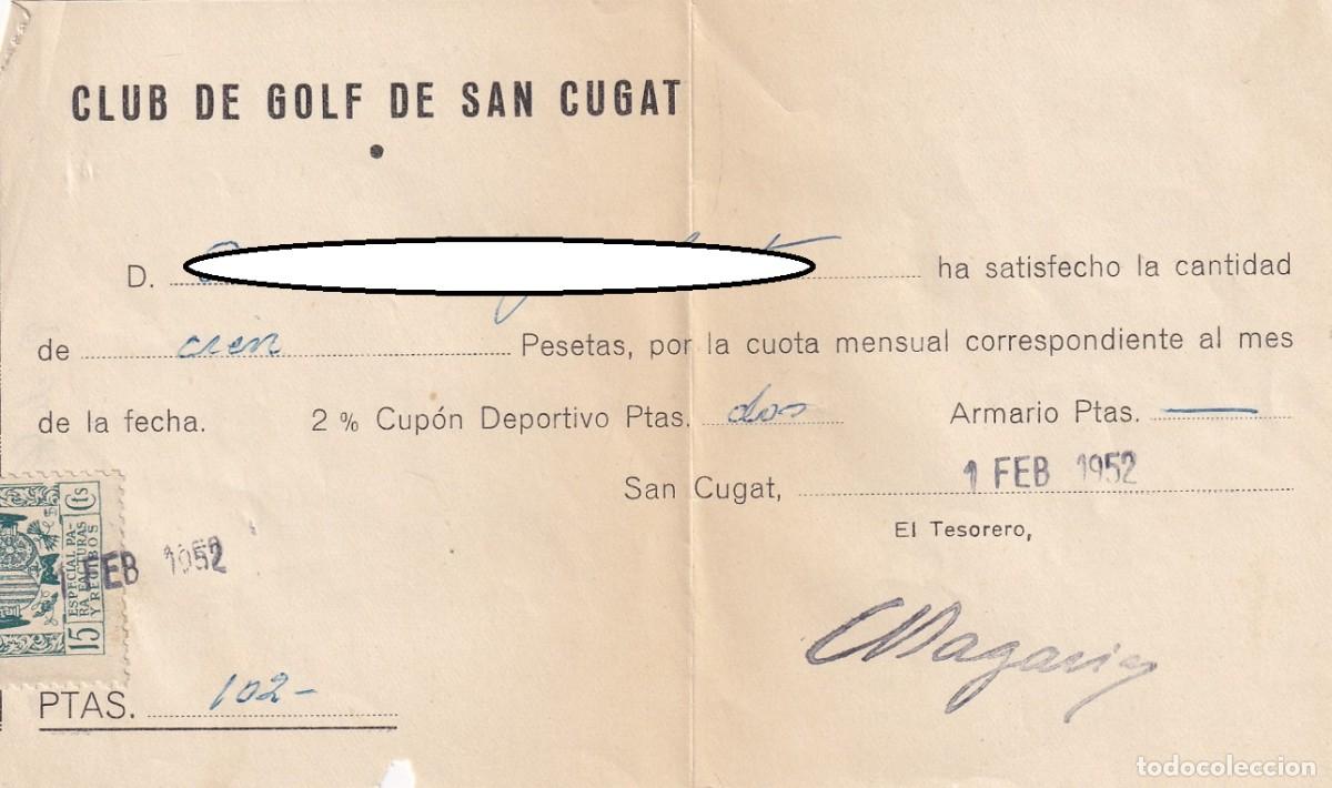 Documentos antiguos: 1952 Recibo por la cuota mensual - Club de Golf de San Cugat