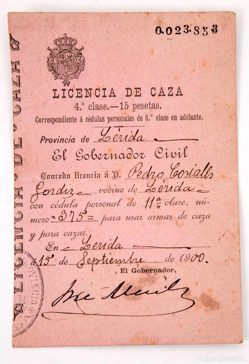 Documentos antiguos: LICENCIA DE CAZA - 1900 - LERIDA - Foto 1