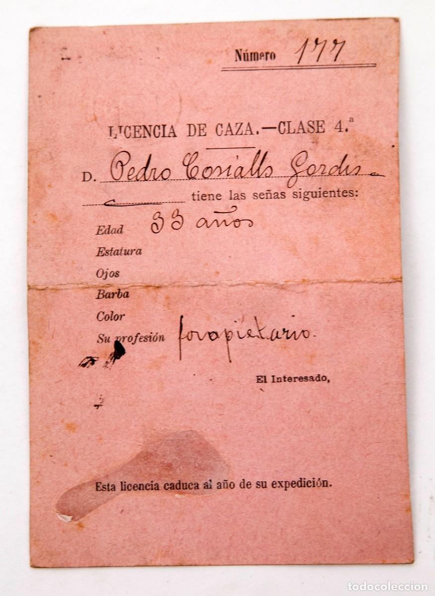 Documentos antiguos: LICENCIA DE CAZA - 1900 - LERIDA - Foto 3