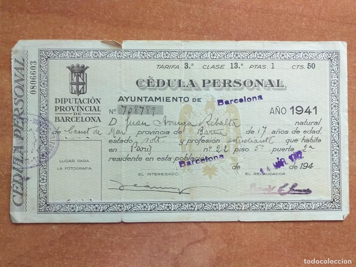 Documentos antiguos: 1941 CEDULA PERSONAL - DIPUTACI&Oacute;N DE BARCELONA - Foto 1