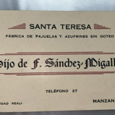 Documentos antiguos: TARJETA DE VISITA HIJO DE F. SANCHEZ MIGALLON FABRICA DE PAJUELAS Y AZUFRINES SANTA TERESA MANZANARE
