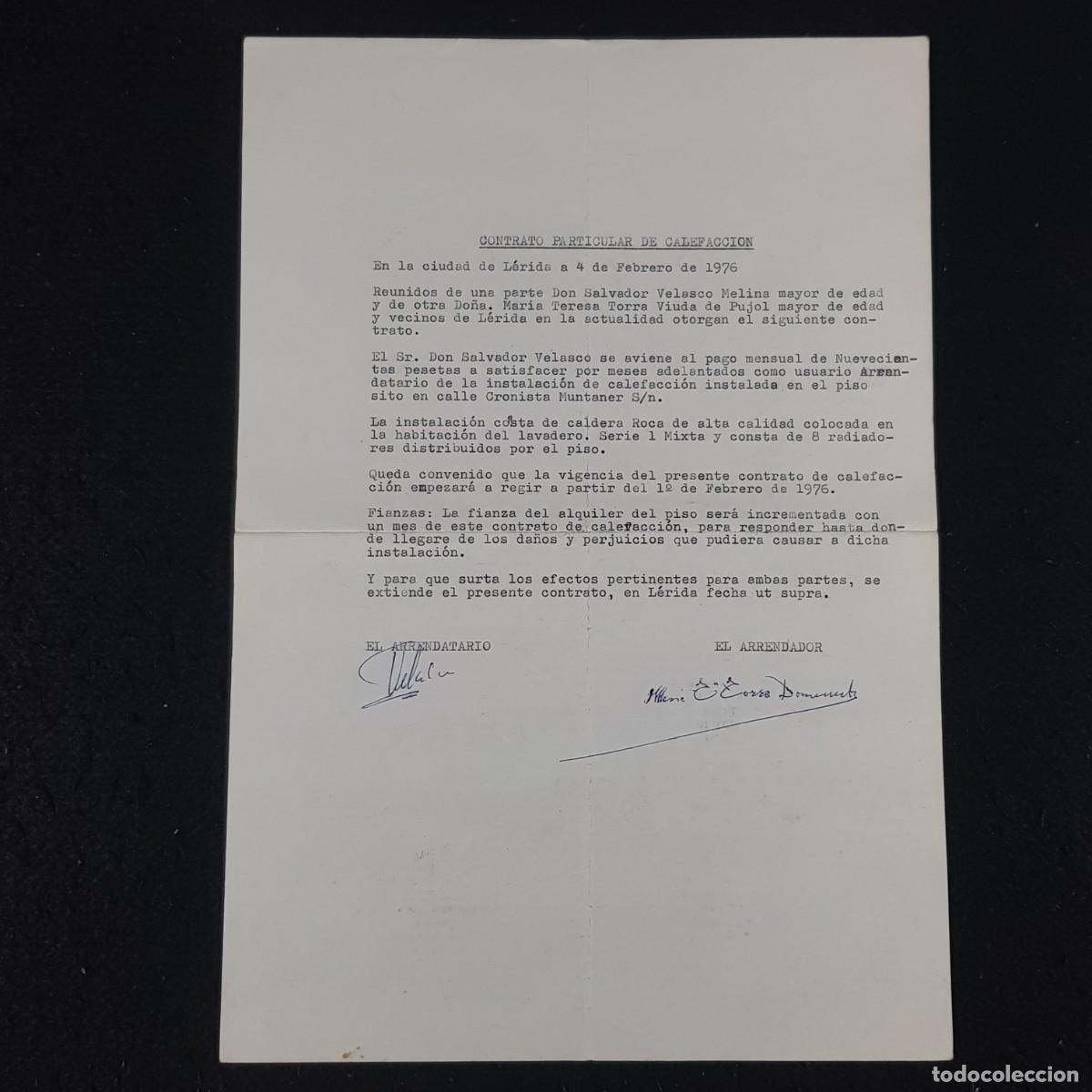 Documentos antiguos: CONTRATO PARTICULAR DE CALEFACCI&Oacute;N - L&Eacute;RIDA - 1976 - DOCUMENTO / CAA 96 - Foto 1