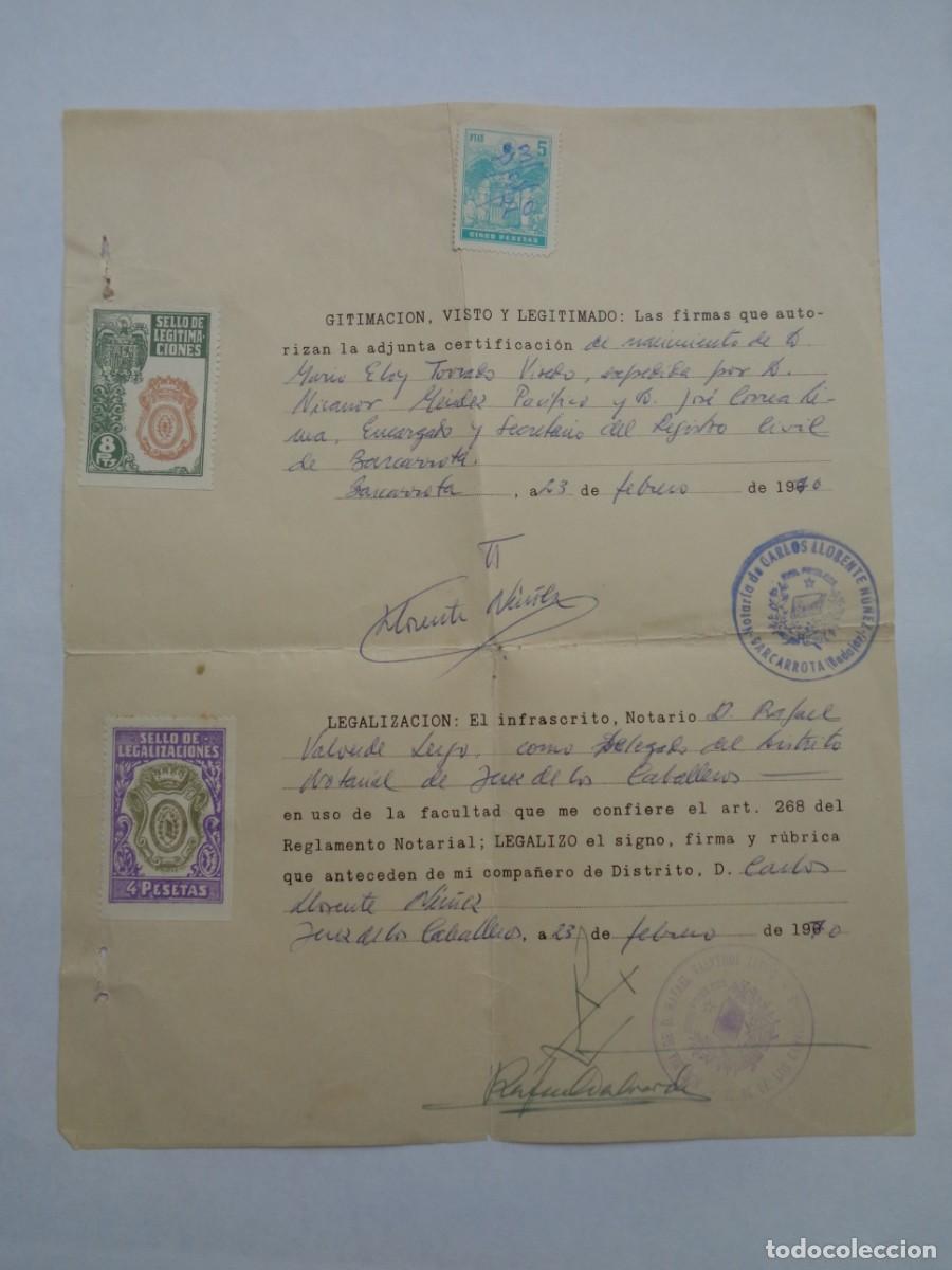 Documentos antiguos: CERTIFICADO NACIMIENTO NI&Ntilde;O NACIDO EN BARCARROTA ( BADAJOZ ). JEREZ DE LOS CABALLEROS, 1970. VI&Ntilde;ETAS