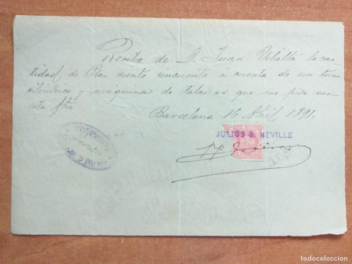 Documentos antiguos: 1891 RECIBO DE COBRO - BARCELONA / CON TIMBRE DEL A&Ntilde;O - Foto 1