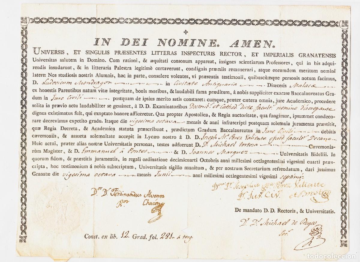 Documentos antiguos: T&Iacute;TULO DE BACHILLER EN LEYES, GRANADA, 1827. TAMA&Ntilde;O FOLIO. - Foto 1