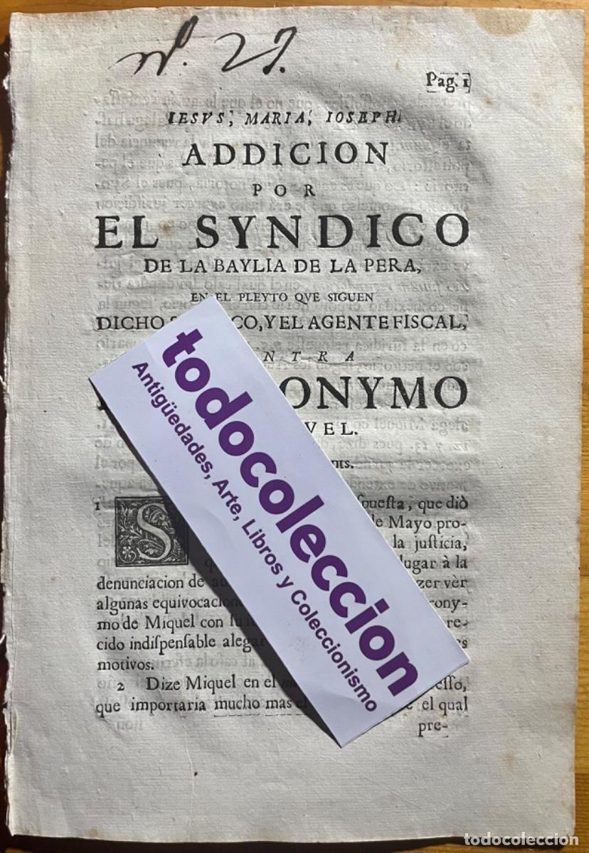 Documentos antigos: BARCELONA- BAYLE- LA PERA- PLEITO GERONYMO DE MIQUEL- 1733