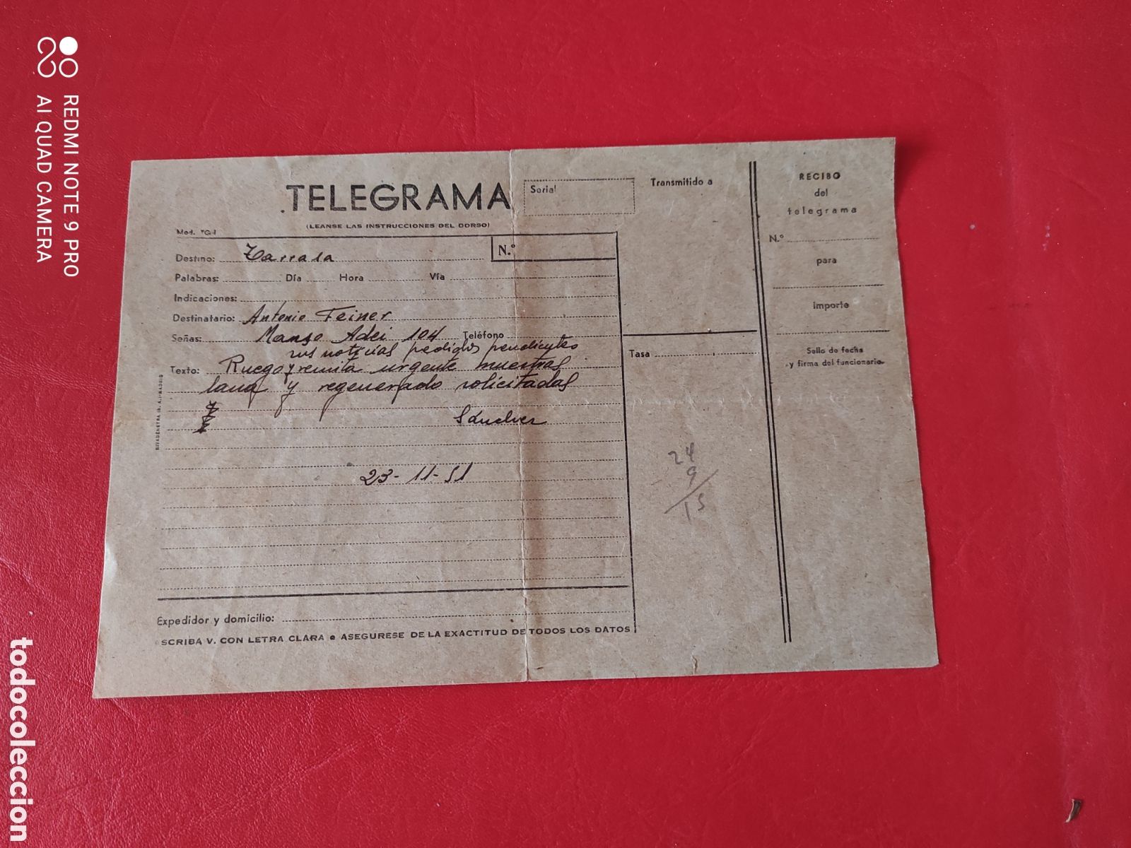 Documentos antiguos: Antiguo telegrama. 23-11-51 dirigido a Tarrasa