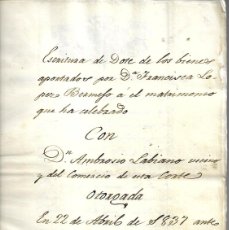 Documentos antiguos: R-MADRID 22- 4- 1.837 -ESCRITURA DE DOTE Y BIENES APORTADOS POR D, FRANCISCO LOPEZ BERMEJO