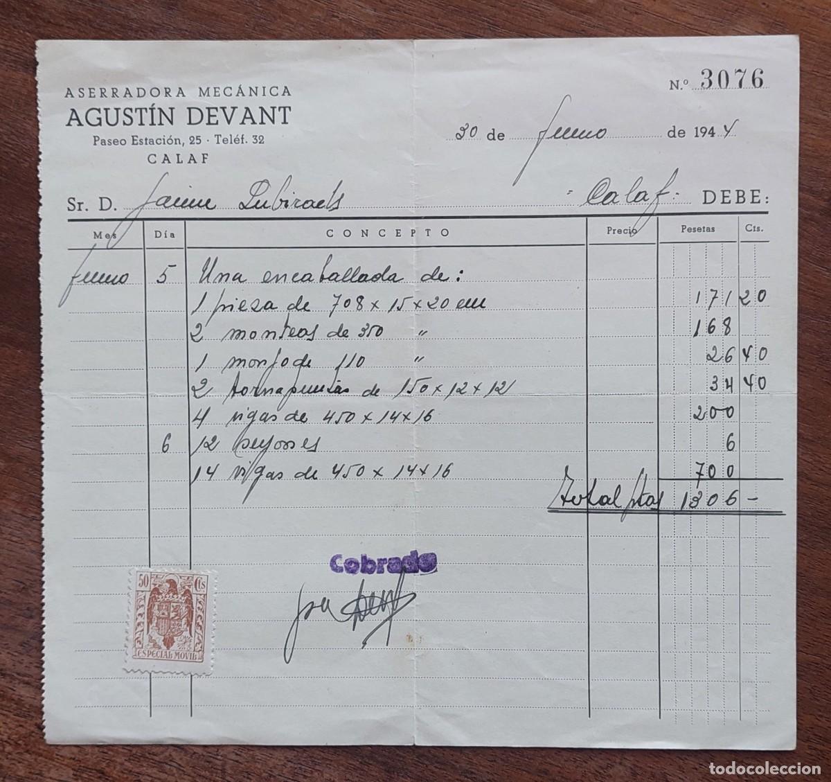 Documentos antiguos: CALAF 1944 NOTA DE CARGO - Foto 1