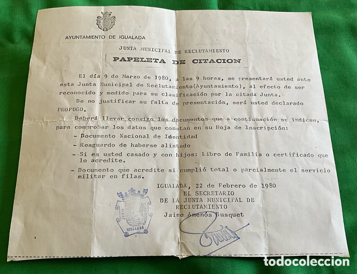 Documentos antiguos: PAPELETA CITACION RECLUTAMIENTO (Ayuntamiento Igualada 1980)