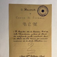 Documentos antiguos: CARMONA. DOCUMENTO CASINO DE CARMONA. NOMBRAMIENTO SOCIO DE HONOR AL CAPITÁN DE LA GUARDIA CIVIL…