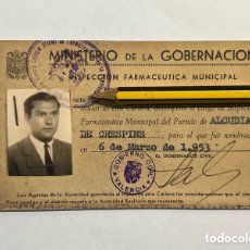 Documentos antiguos: ALCUDIA DE CRESPINS VALENCIA… CARNET INSPECTOR FARMACÉUTICO… (A.1953)