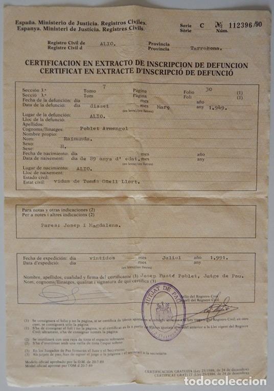 Documentos antiguos: 1991 Certificaci&oacute;n en extracto de inscripci&oacute;n de defunci&oacute;n 1949 Ali&oacute;