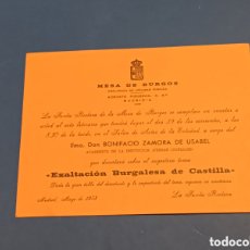 Documentos antiguos: ””INVITACION DE LA MESA DE BURGOS EN MADRID A UN ACTO LITERARIO A CARGO DE DON BONIFACIO ZAMORA””...