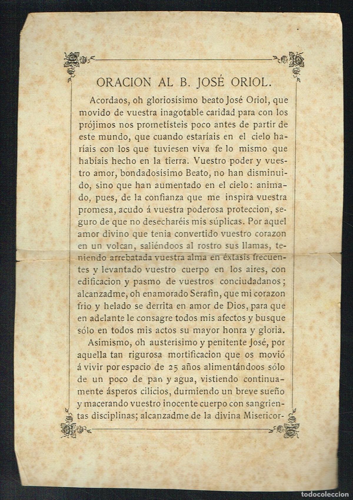 Documentos antiguos: ORACI&Oacute;N AL B. JOS&Eacute; ORIOL - 1886 - Foto 1