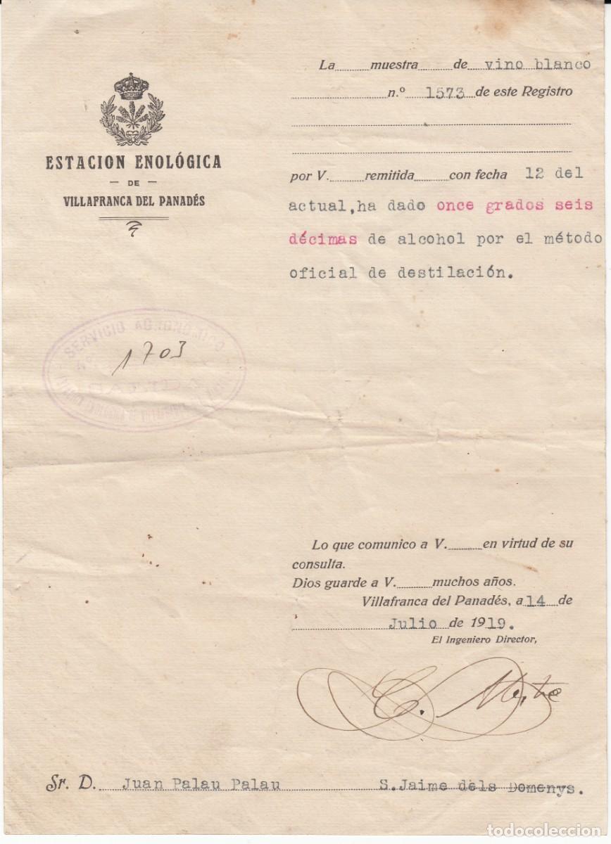 Documentos antiguos: 1919 CERTIFICADO ESTACI&Oacute;N ENOL&Oacute;GICA DE VILAFRANCA PENED&Eacute;S &acute;GRADUACI&Oacute;N VINO