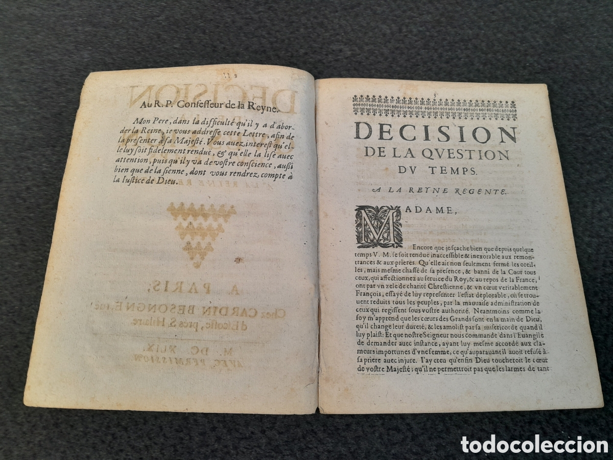 Documentos antiguos: DOC-607. DECISION DE LA QUESTION DU TEMPS A LA REYNE REGENTE. PARIS. 1649 - Foto 2