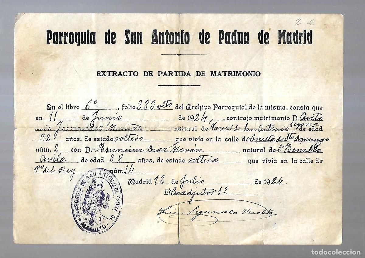 Documentos antiguos: R-EXTRACTO DE PARTIDA DE MATRIMONIO-DE LA PARROQUIA DE SAN ANTONIO DE PADUA DE MADRID - 12- 7- 1.924
