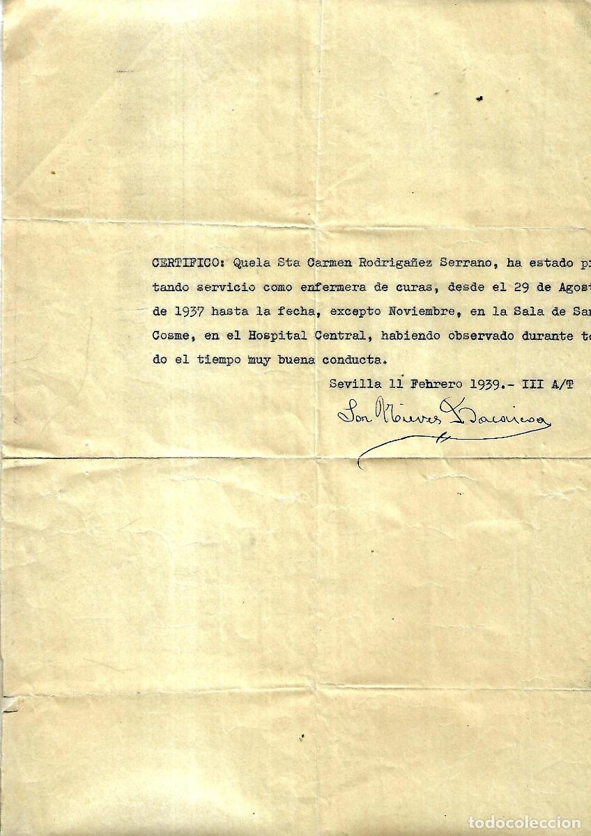 Documentos antiguos: R-CERTIFICADO A D&ordf; CARMEN RODRIGUEZ SERRANO -COMO ENFERMERA EN HOSPITAL CENTRAL EN SEVILLA 11-2-1939