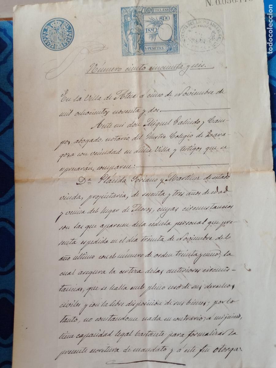 Documentos antiguos: Zaragoza, Ateca. Documento manuscrito legal. Timbre fiscal 1892