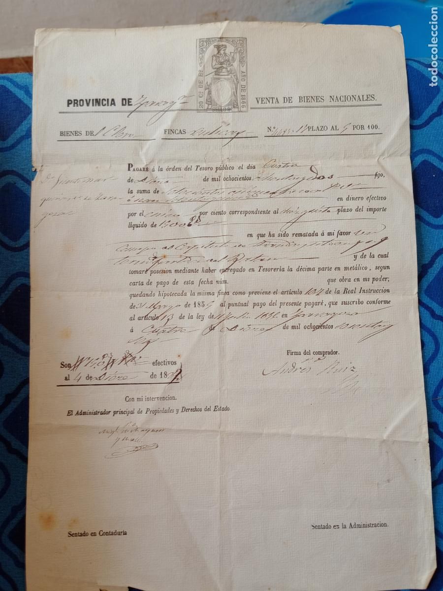 Documentos antiguos: Zaragoza, Venta de bienes nacionales. Fincas r&uacute;sticas. Pagar&eacute; a la orden del Tesoro p&uacute;blico 1866