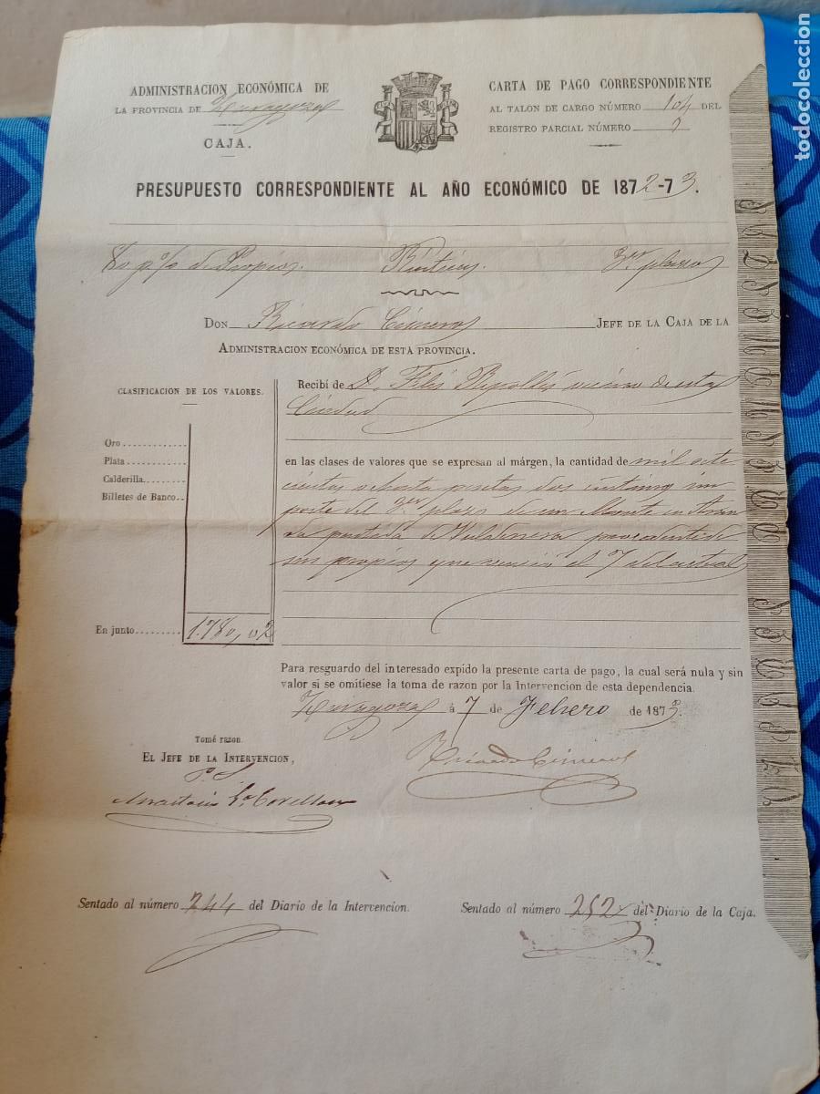 Documentos antiguos: I Rep&uacute;blica. Zaragoza, Carta de pago. Administraci&oacute;n Econ&oacute;mica 1872 1873