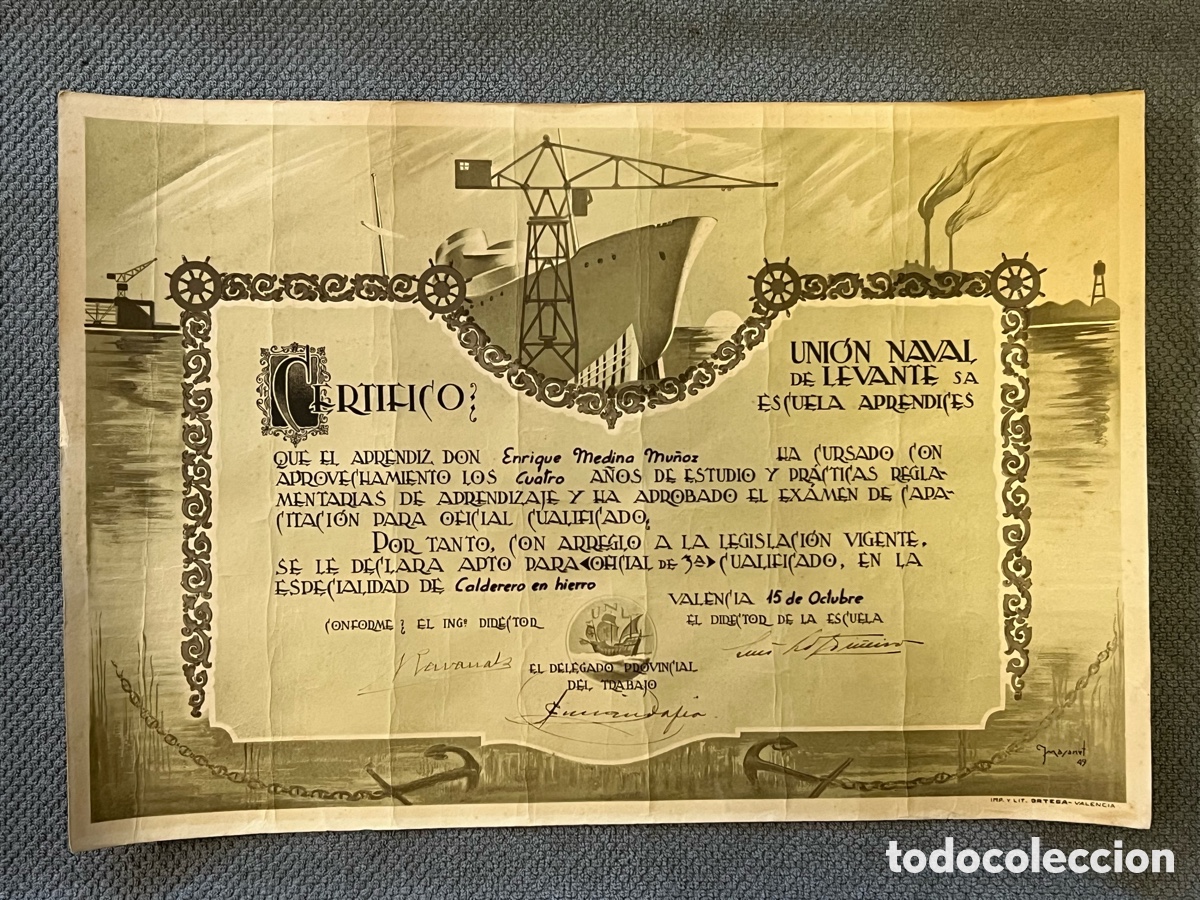 Documentos antiguos: UNI&Oacute;N NAVAL DE LEVANTE. Escuela de Aprendices. Diploma Calderero de Hierro (J. Manaut 49)