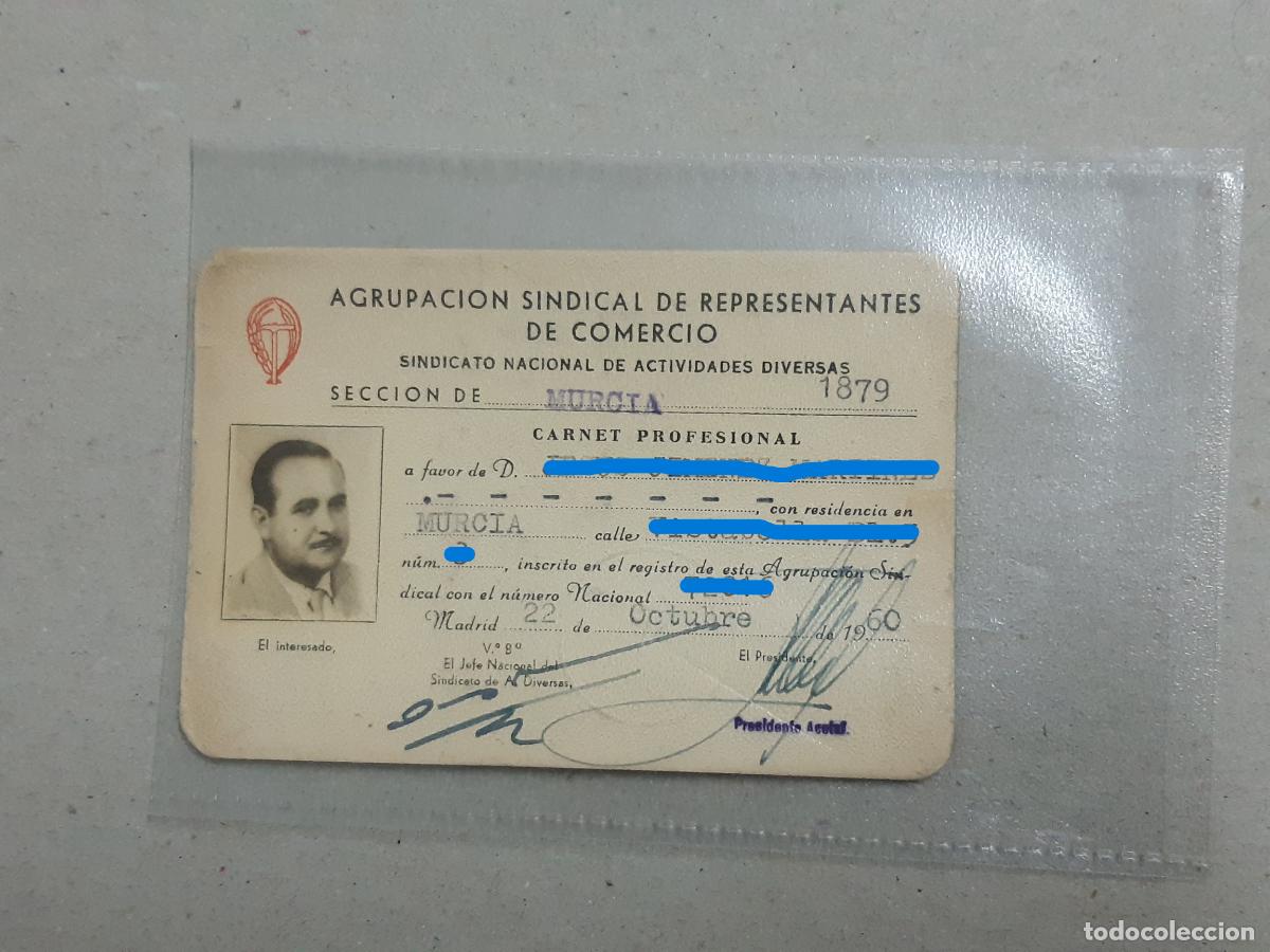 Documentos antiguos: Papel antiguo. Carnet profesional comercio, Murcia 1960 - Foto 2