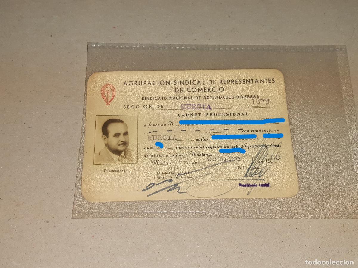 Documentos antiguos: Papel antiguo. Carnet profesional comercio, Murcia 1960 - Foto 1