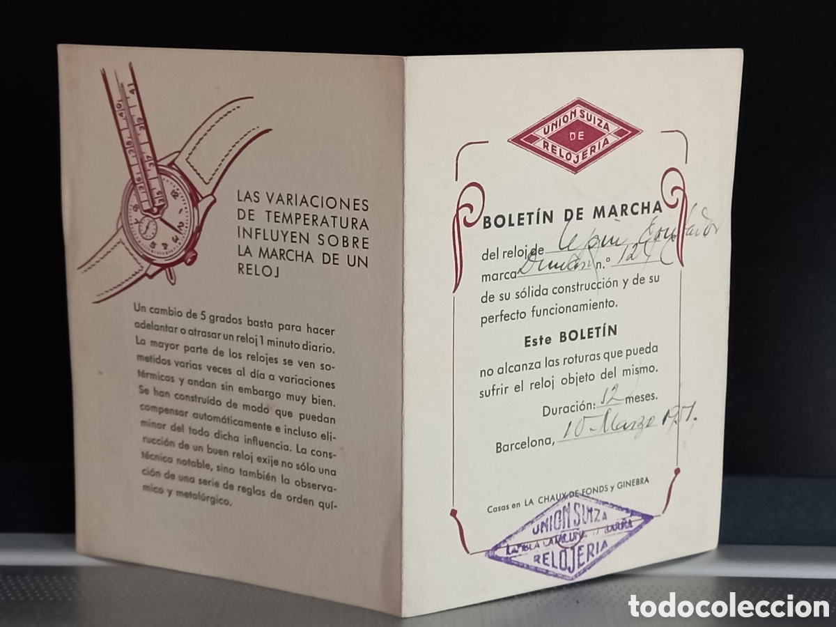 Documentos antiguos: UNI&Oacute;N SUIZA DE RELOJER&Iacute;A. Bolet&iacute;n de marcha. Barcelona 1950