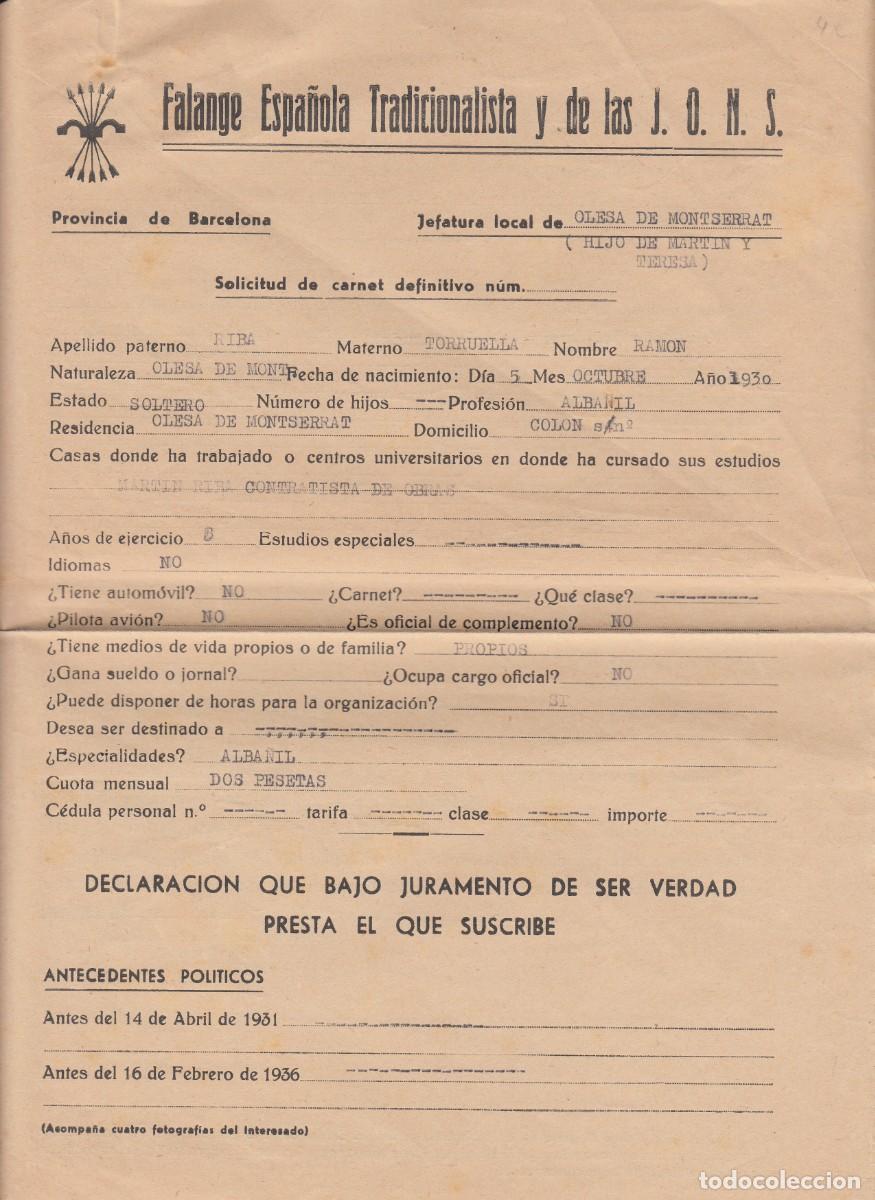 Documentos antiguos: SOLICITUD DE CARNET DE LA FALANGE ESPA&Ntilde;OLA - OLESA DE MONTSERRAT - 4 P&Aacute;GINAS