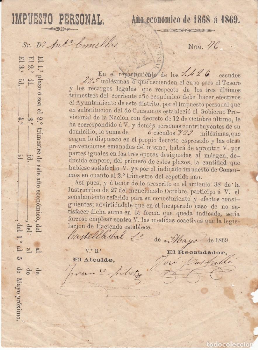 Documentos antiguos: 1869 - CASTELLBISBAL - IMPUESTO PERSONAL - Foto 1