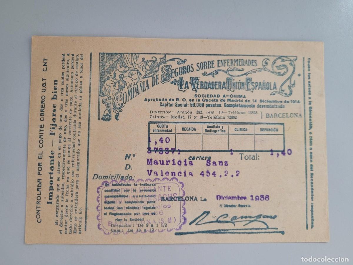 Documentos antiguos: Recibo LA VERDADERA UNION ESPA&Ntilde;OLA 1936 B1 - Foto 1