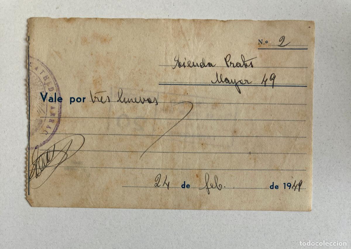 Documentos antiguos: VALE POR TRES HUEVOS - COLMADO JOAQUIN PRATS, TARRAGONA A&Ntilde;O 1949