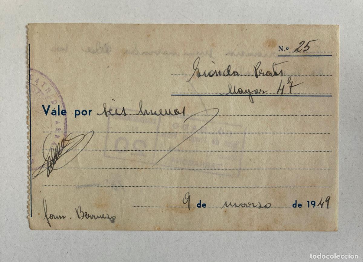 Documentos antiguos: VALE POR SEIS HUEVOS - COLMADO JOAQUIN PRATS, TARRAGONA A&Ntilde;O 1949