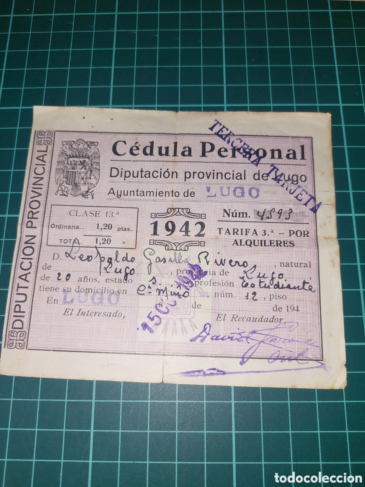 Documentos antigos: Lugo 1942 c&eacute;dula personal diputaci&oacute;n provincial lugo clase 13 alquileres estudiante
