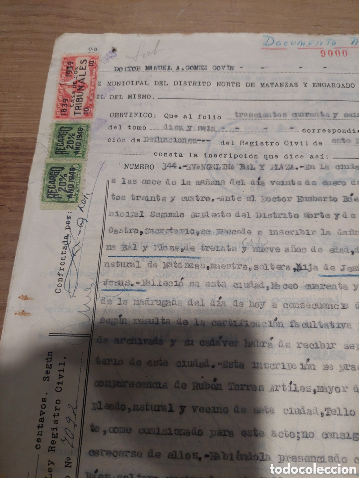 Documentos antiguos: Cuba sellos fiscales 1946 registro civil Cuba y registro civil Espa&ntilde;a
