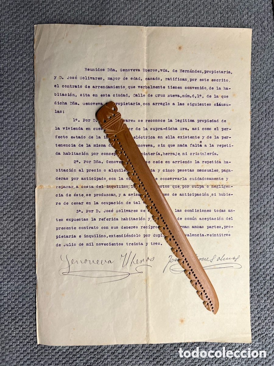 Old Documents: VALENCIA. Contrato de Alquiler de una habitaci&oacute;n durante la II REP&Uacute;BLICA.. 23 de Julio de 1933