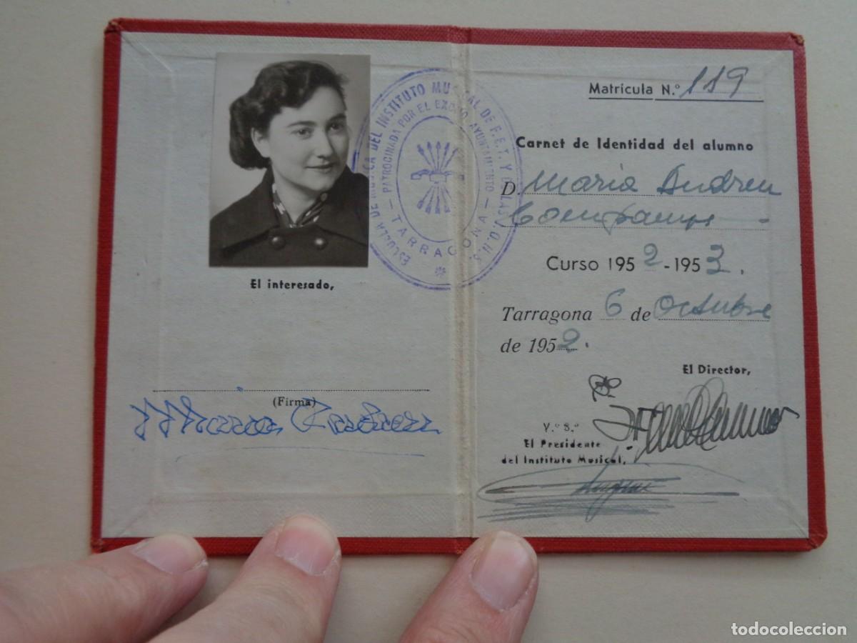 Documentos antiguos: FALANGE ESPA&Ntilde;OLA T. DE LAS JONS- ESCUELA DE MUSICA : CARNET ALUMNA. TARRAGONA, 1952