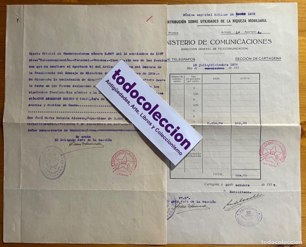 Documentos antiguos: CARTAGENA- GUERRA CIVIL- UGT- MINISTERIO TELECOMUNICACIONES-1937