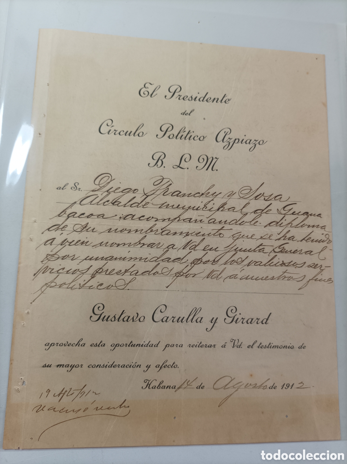 Documentos antiguos: Cuba, documento del c&iacute;rculo pol&iacute;tico azpiaga,a&ntilde;o 1913 - Foto 1