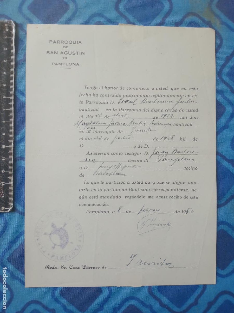 Documentos antiguos: Marchamo parroquia de San Agust&iacute;n, Pamplona, Navarra. Certificado de matrimonio de 1950