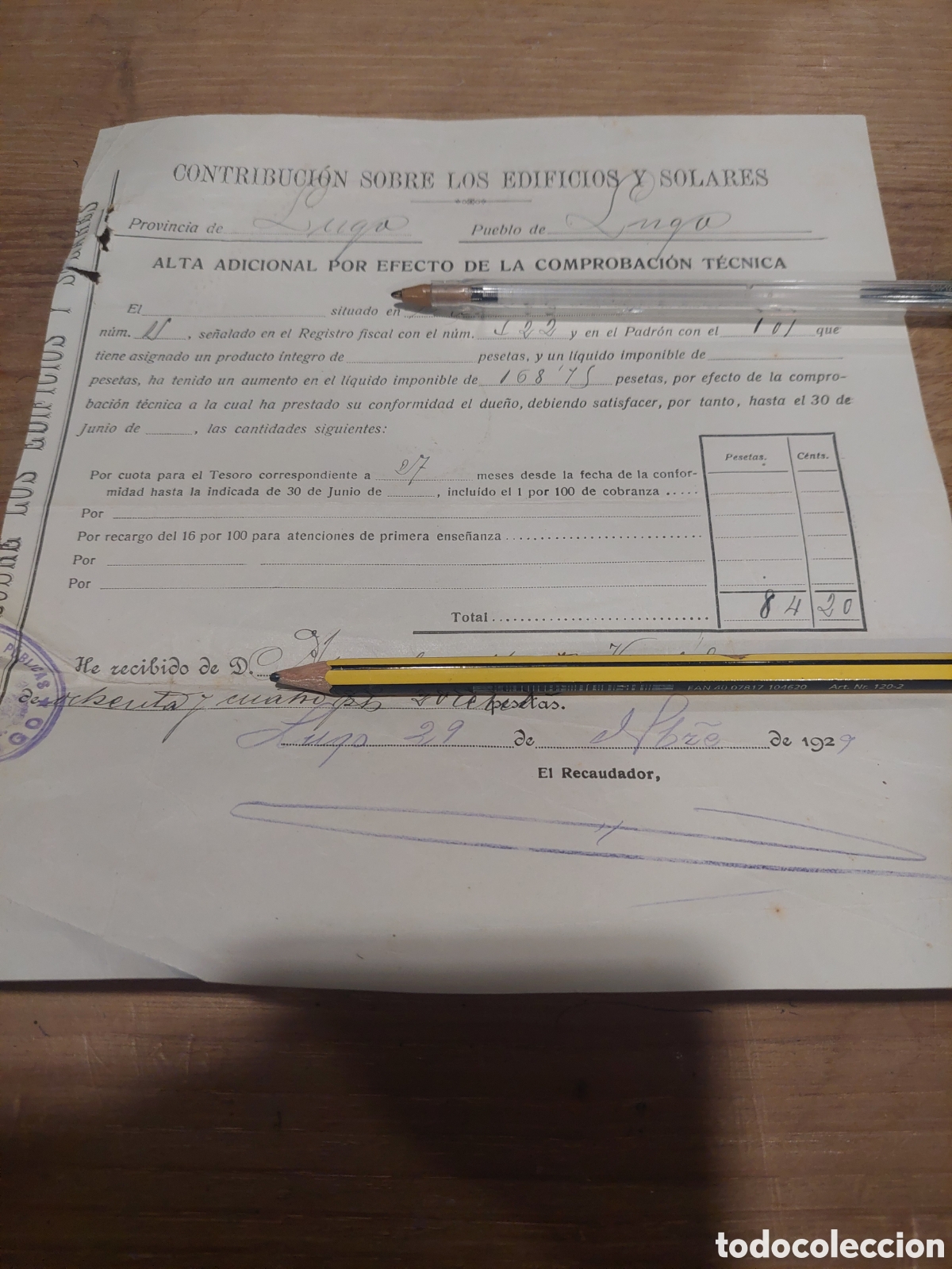 Documentos antiguos: Lugo recib&iacute;s contribuci&oacute;n edificios y salares 1928 - Foto 1
