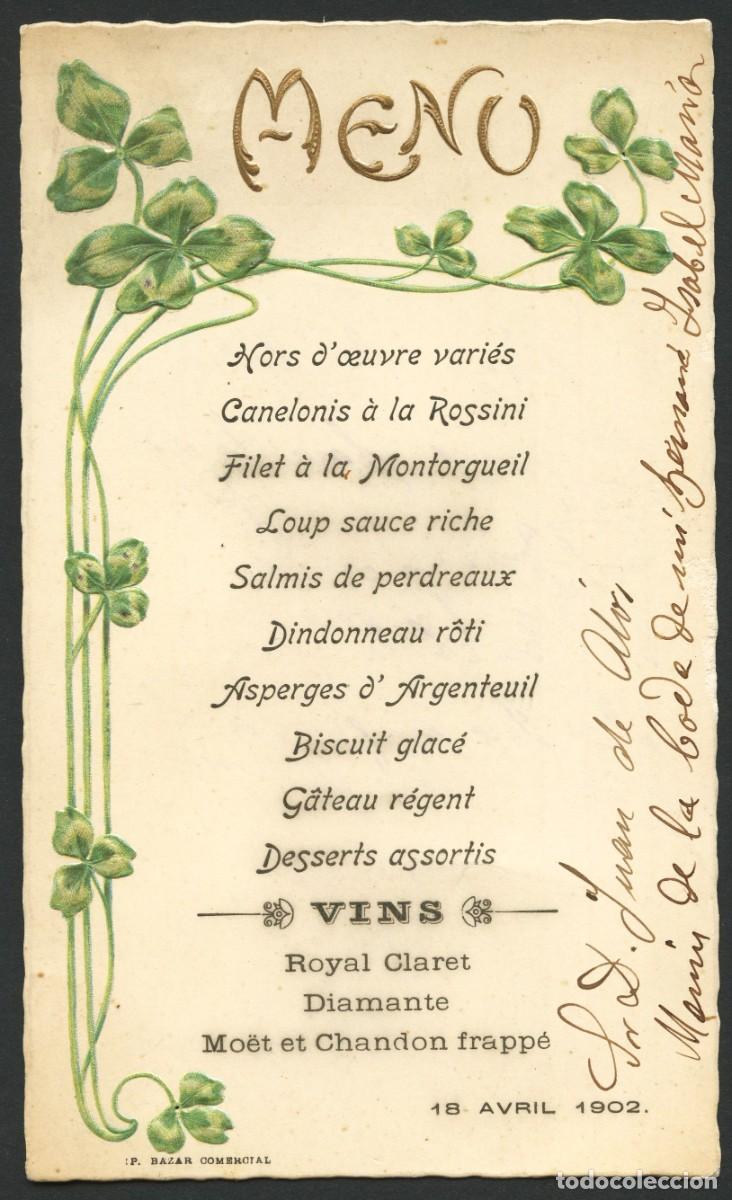 Documentos antiguos: DOCUMENTO, MENU, 18 ABRIL 1902, IMPRESI&Oacute;N: BAZAR COMERCIAL