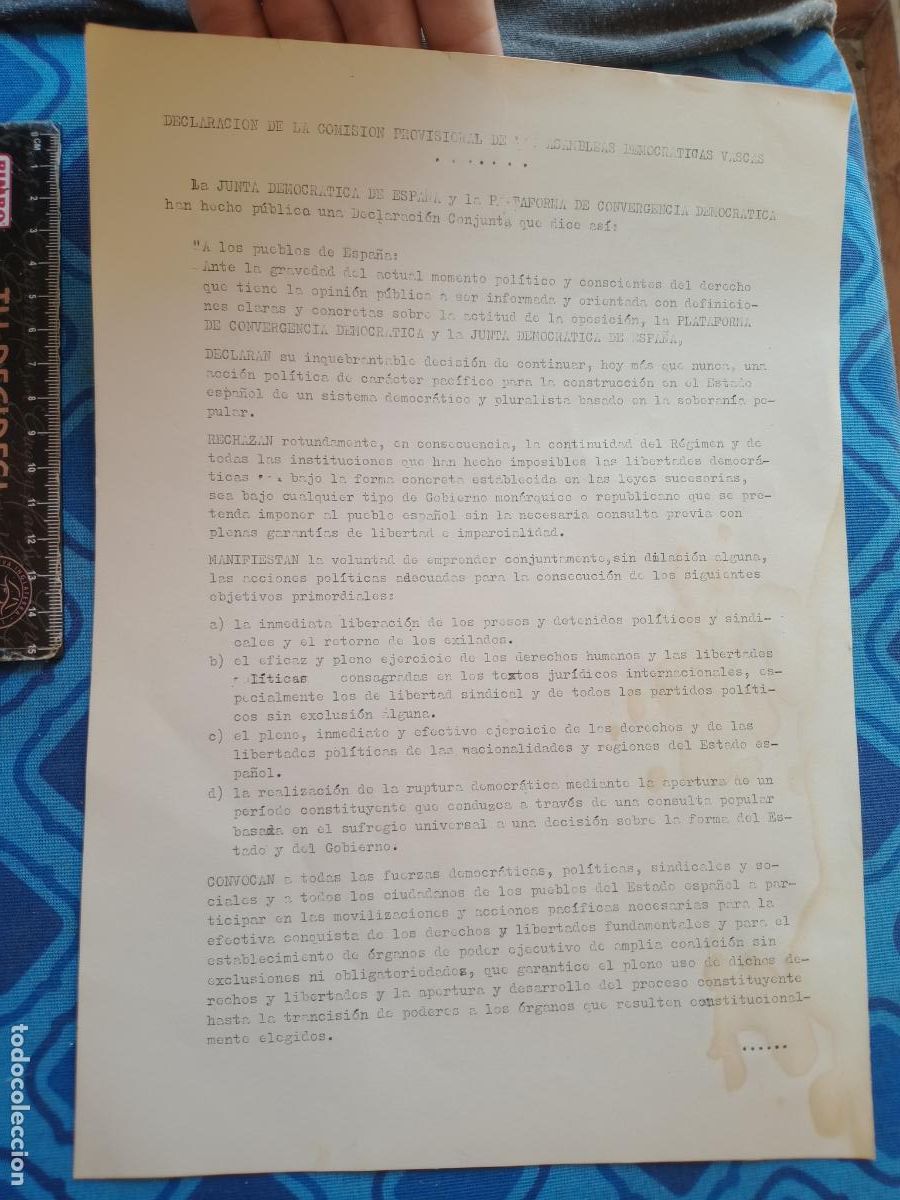 Documentos antiguos: PA&Iacute;S VASCO, TRANSICI&Oacute;N. ASAMBLEAS DEMOCR&Aacute;TICAS VASCAS 1975. PROCLAMA JUNTA DEMOCR&Aacute;TICA DE ESPA&Ntilde;A