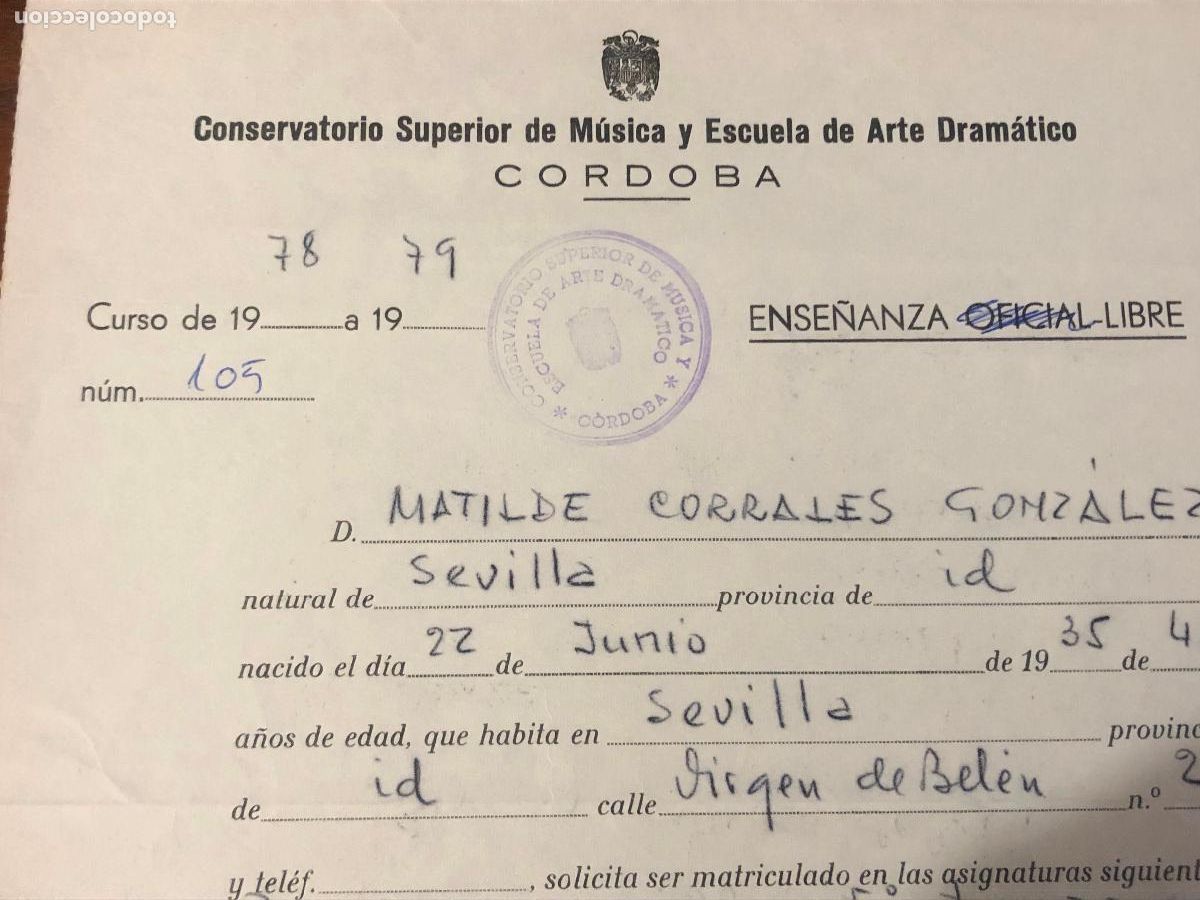 Documentos antiguos: MATRICULA CONSERVATORIO DE CORDOBA DE MATILDE CORAL 1978 - Foto 2