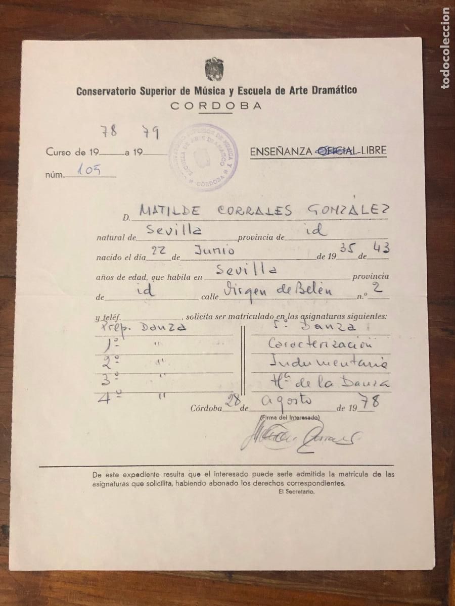 Documentos antiguos: MATRICULA CONSERVATORIO DE CORDOBA DE MATILDE CORAL 1978 - Foto 1
