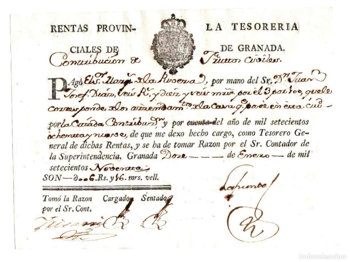 Documentos antiguos: RECIBO RENTAS PROVINCIALES DE LA TESORERIA DE GRANADA. 1789 - Foto 1